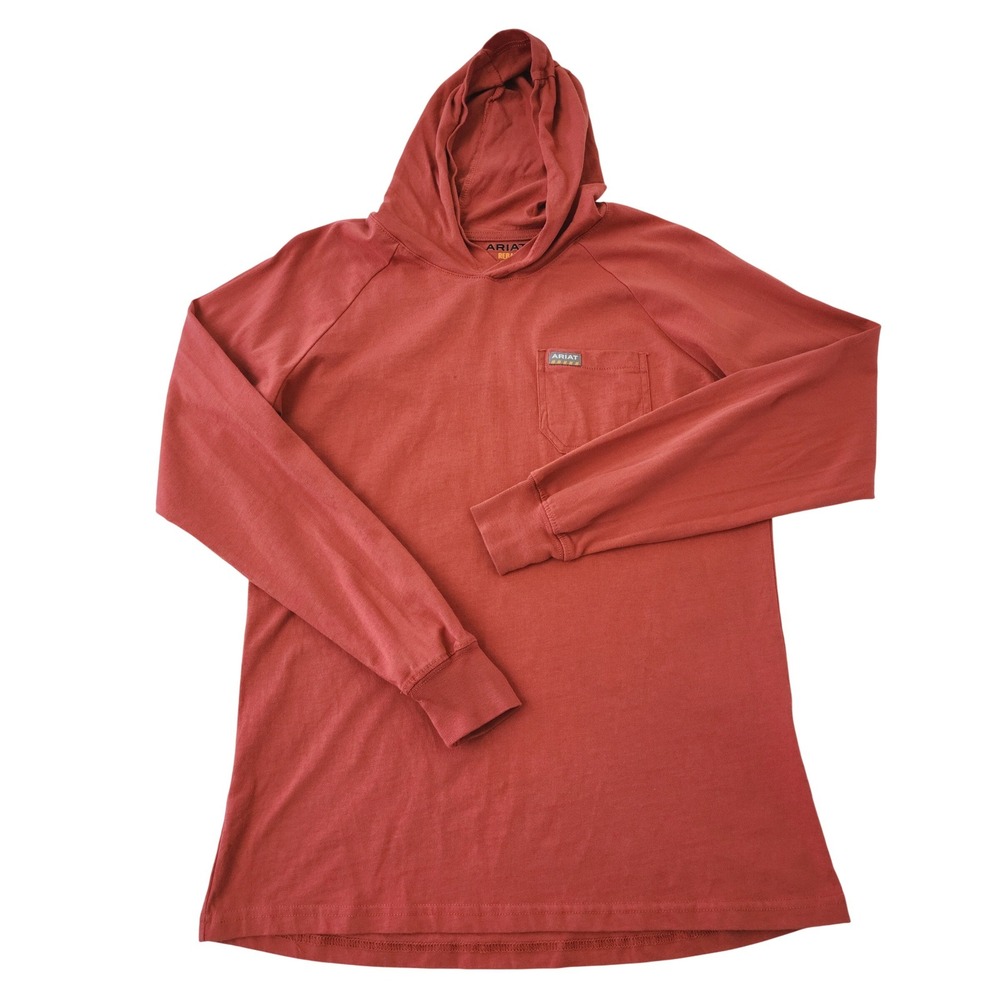 Ariat Rebar Mens Small Rust Orange Long Sleeve Hooded Work Shirt Pocket Hoodie